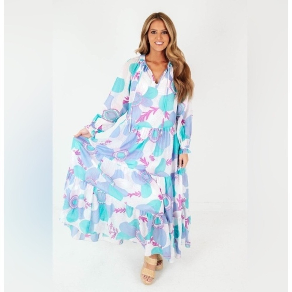 J. Marie Mia Long Sleeve Ruffle Maxi Dress Floral Print Includes Slip Size L